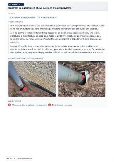 Aperçu d’une page du rapport : contrôle des gouttières et photographies annotées